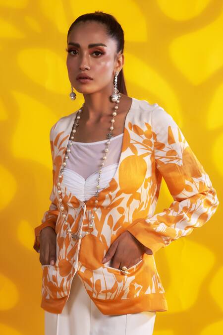 Jyoti Sachdev Iyer White Linen, Satin Collared Floral Print Jacket Online at Aza Fashions Jyoti Sachdev Iyer_White Linen, Satin Collared Floral Print Jacket _Online_at_Aza_Fashions