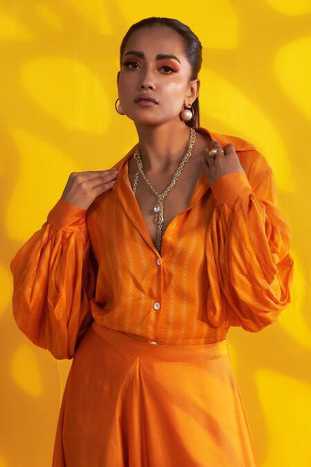 Jyoti Sachdev Iyer_Orange Cotton, Silk Collared Geometric Print Shirt _Online_at_Aza_Fashions