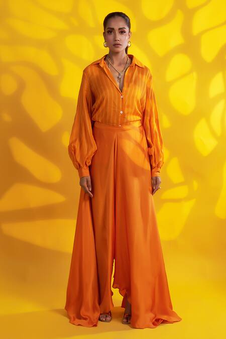 Buy_Jyoti Sachdev Iyer_Orange Cotton, Silk Collared Geometric Print Shirt _Online_at_Aza_Fashions
