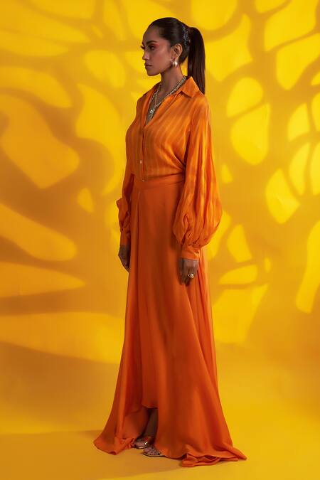 Shop_Jyoti Sachdev Iyer_Orange Cotton, Silk Collared Geometric Print Shirt _Online_at_Aza_Fashions