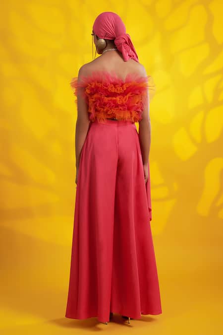 Shop Jyoti Sachdev Iyer Orange Tulle, Cotton Ruffles Open Neck Top And Wide Trouser Set at Aza Fashions Shop_Jyoti Sachdev Iyer_Orange Tulle, Cotton Ruffles Open Neck Top And Wide Trouser Set _at_Aza_Fashions