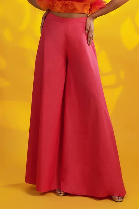 Jyoti Sachdev Iyer Orange Tulle, Cotton Ruffles Open Neck Top And Wide Trouser Set Online at Aza Fashions Jyoti Sachdev Iyer_Orange Tulle, Cotton Ruffles Open Neck Top And Wide Trouser Set _Online_at_Aza_Fashions