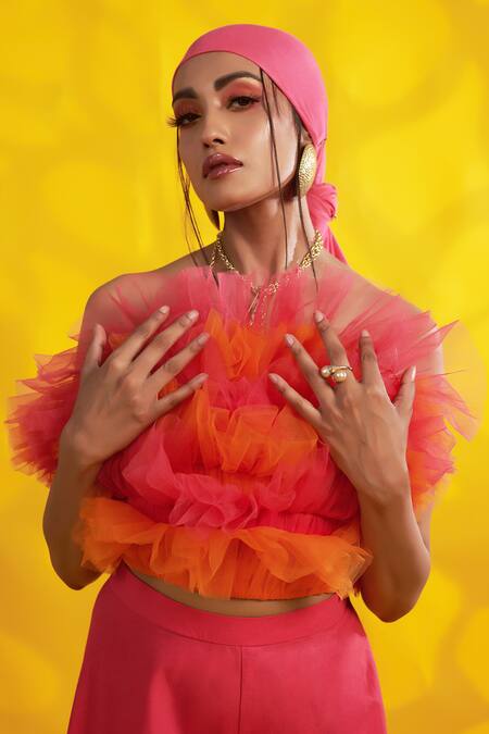 Buy Jyoti Sachdev Iyer Orange Tulle, Cotton Ruffles Open Neck Top And Wide Trouser Set Online at Aza Fashions Buy_Jyoti Sachdev Iyer_Orange Tulle, Cotton Ruffles Open Neck Top And Wide Trouser Set _Online_at_Aza_Fashions