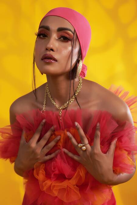 Shop Jyoti Sachdev Iyer Orange Tulle, Cotton Ruffles Open Neck Top And Wide Trouser Set Online at Aza Fashions Shop_Jyoti Sachdev Iyer_Orange Tulle, Cotton Ruffles Open Neck Top And Wide Trouser Set _Online_at_Aza_Fashions