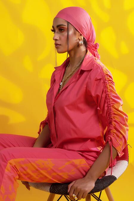 Shop_Jyoti Sachdev Iyer_Orange Cotton Shawl Neck Drawstring Sleeves Shirt And Pant Set _Online_at_Aza_Fashions