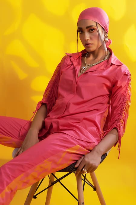 Jyoti Sachdev Iyer_Orange Cotton Shawl Neck Drawstring Sleeves Shirt And Pant Set _at_Aza_Fashions