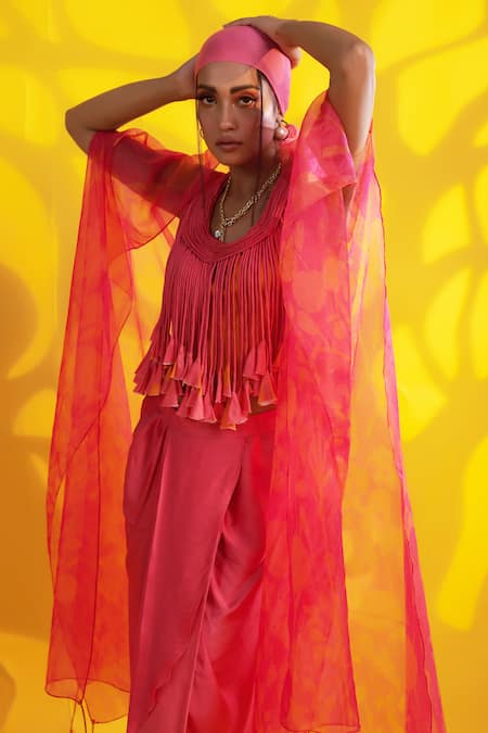 Jyoti Sachdev Iyer_Orange Organza, Cotton Tassels Round Neck Abstract Cape And Dhoti Skirt Set _Online_at_Aza_Fashions