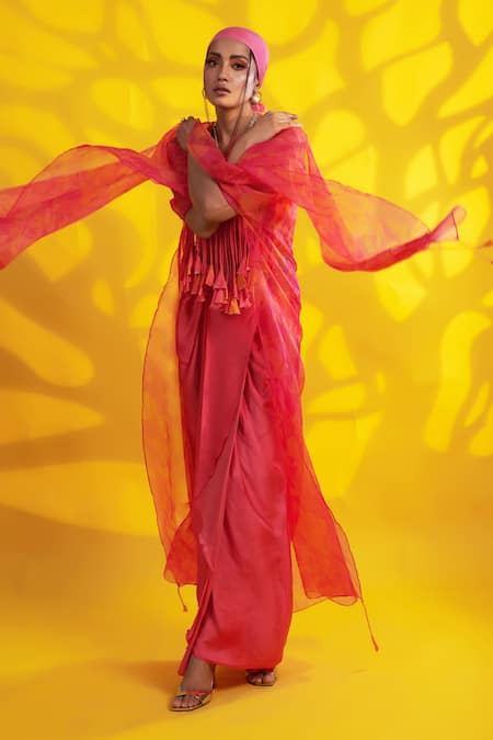 Buy_Jyoti Sachdev Iyer_Orange Organza, Cotton Tassels Round Neck Abstract Cape And Dhoti Skirt Set _Online_at_Aza_Fashions