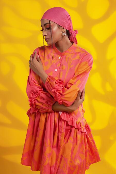 Jyoti Sachdev Iyer_Orange Cotton Satin Ruffles Bandeau Neck Abstract Print Dress _Online_at_Aza_Fashions