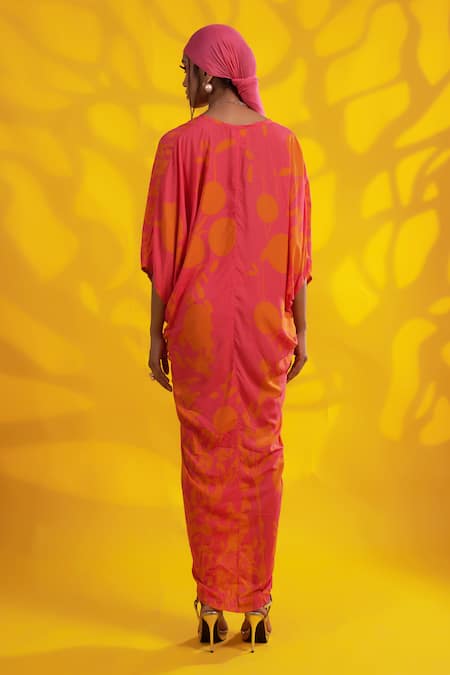 Shop Jyoti Sachdev Iyer Orange Modal, Cotton V-neck Abstract Print Kaftan at Aza Fashions Shop_Jyoti Sachdev Iyer_Orange Modal, Cotton V-neck Abstract Print Kaftan _at_Aza_Fashions