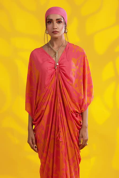 Jyoti Sachdev Iyer Orange Modal, Cotton V-neck Abstract Print Kaftan Online at Aza Fashions Jyoti Sachdev Iyer_Orange Modal, Cotton V-neck Abstract Print Kaftan _Online_at_Aza_Fashions