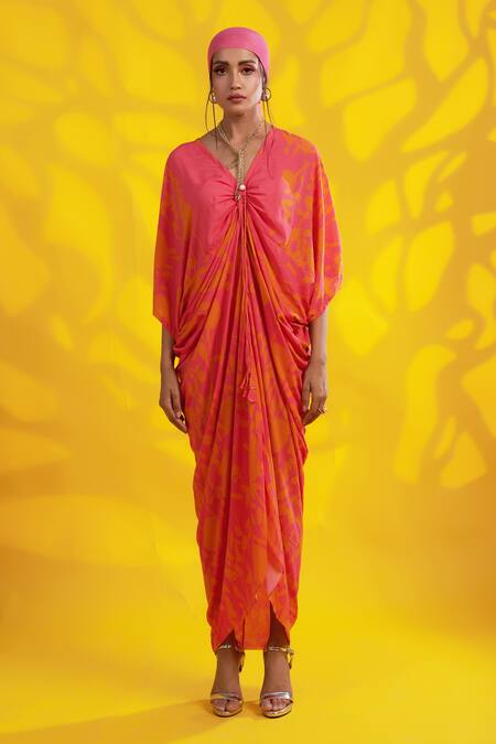 Buy Jyoti Sachdev Iyer Orange Modal, Cotton V-neck Abstract Print Kaftan Online at Aza Fashions Buy_Jyoti Sachdev Iyer_Orange Modal, Cotton V-neck Abstract Print Kaftan _Online_at_Aza_Fashions