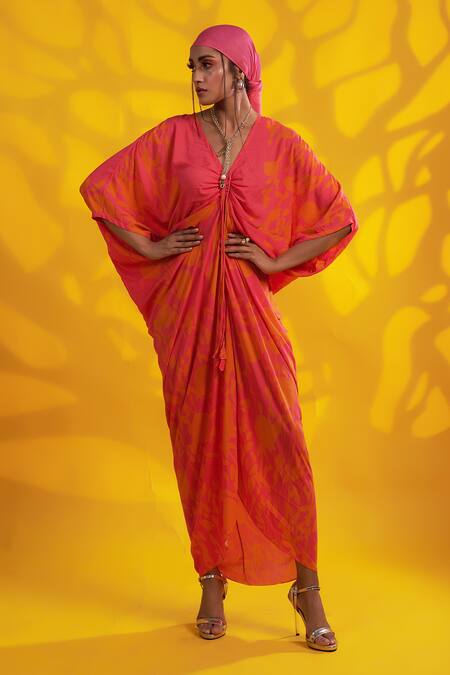 Shop Jyoti Sachdev Iyer Orange Modal, Cotton V-neck Abstract Print Kaftan Online at Aza Fashions Shop_Jyoti Sachdev Iyer_Orange Modal, Cotton V-neck Abstract Print Kaftan _Online_at_Aza_Fashions