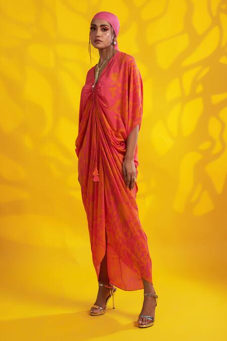 Jyoti Sachdev Iyer Orange Modal, Cotton V-neck Abstract Print Kaftan at Aza Fashions Jyoti Sachdev Iyer_Orange Modal, Cotton V-neck Abstract Print Kaftan _at_Aza_Fashions