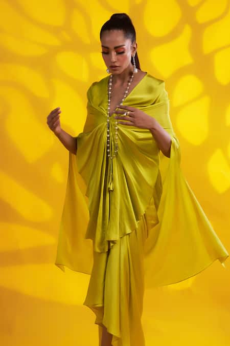 Jyoti Sachdev Iyer_Green Cotton V-neck Drape Effect Cape Top With Skirt _Online_at_Aza_Fashions