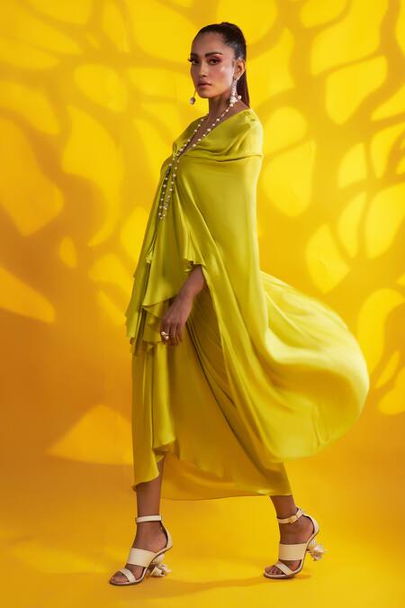 Buy_Jyoti Sachdev Iyer_Green Cotton V-neck Drape Effect Cape Top With Skirt _Online_at_Aza_Fashions