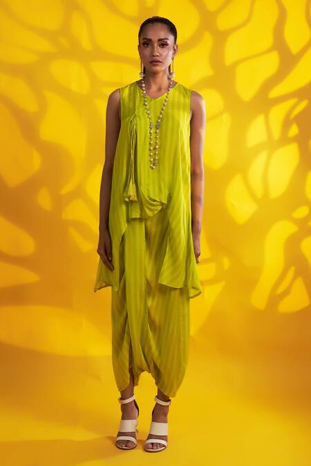 Jyoti Sachdev Iyer Green Cotton Tassels V-neck Asymmetric Geometric Print Tunic And Dhoti Pant Online at Aza Fashions Jyoti Sachdev Iyer_Green Cotton Tassels V-neck Asymmetric Geometric Print Tunic And Dhoti Pant _Online_at_Aza_Fashions
