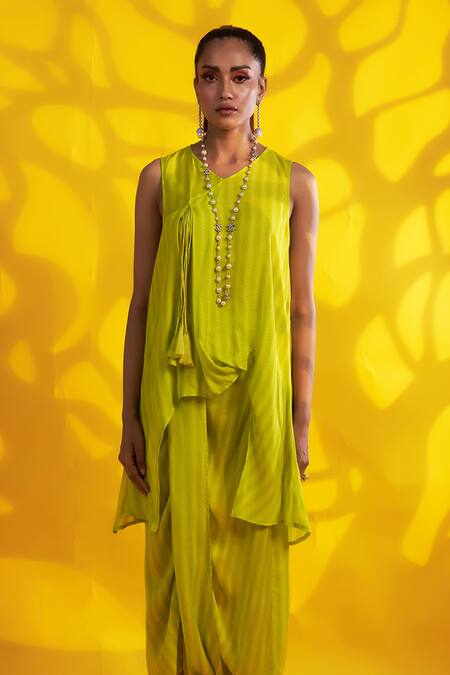 Buy Jyoti Sachdev Iyer Green Cotton Tassels V-neck Asymmetric Geometric Print Tunic And Dhoti Pant Online at Aza Fashions Buy_Jyoti Sachdev Iyer_Green Cotton Tassels V-neck Asymmetric Geometric Print Tunic And Dhoti Pant _Online_at_Aza_Fashions