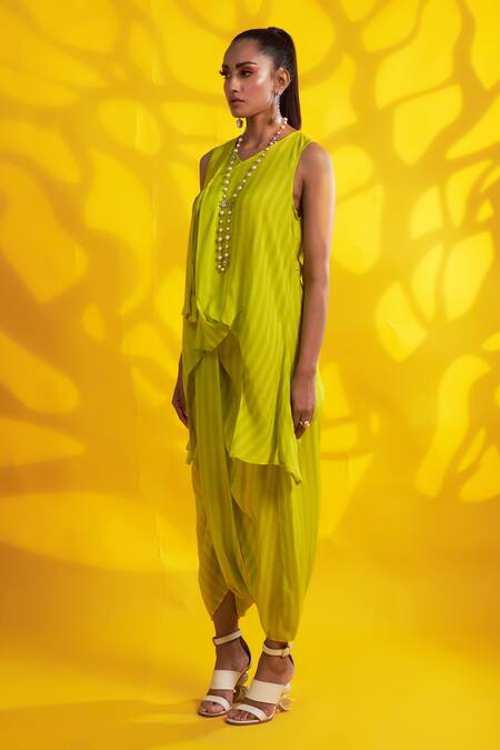 Shop Jyoti Sachdev Iyer Green Cotton Tassels V-neck Asymmetric Geometric Print Tunic And Dhoti Pant Online at Aza Fashions Shop_Jyoti Sachdev Iyer_Green Cotton Tassels V-neck Asymmetric Geometric Print Tunic And Dhoti Pant _Online_at_Aza_Fashions