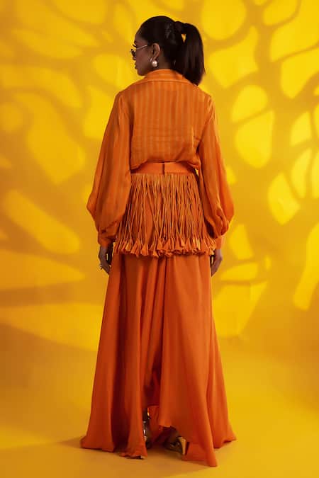 Shop Jyoti Sachdev Iyer Orange Cotton, Silk Fringe, Tassels Collared Geometric Print Top With Trouser at Aza Fashions Shop_Jyoti Sachdev Iyer_Orange Cotton, Silk Fringe, Tassels Collared Geometric Print Top With Trouser _at_Aza_Fashions
