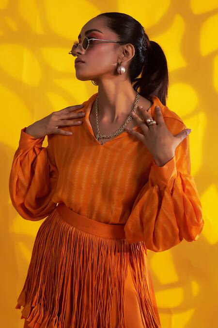 Jyoti Sachdev Iyer Orange Cotton, Silk Fringe, Tassels Collared Geometric Print Top With Trouser Online at Aza Fashions Jyoti Sachdev Iyer_Orange Cotton, Silk Fringe, Tassels Collared Geometric Print Top With Trouser _Online_at_Aza_Fashions