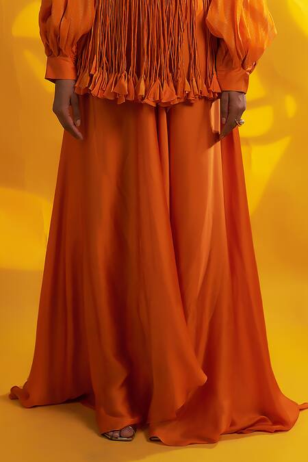 Shop Jyoti Sachdev Iyer Orange Cotton, Silk Fringe, Tassels Collared Geometric Print Top With Trouser Online at Aza Fashions Shop_Jyoti Sachdev Iyer_Orange Cotton, Silk Fringe, Tassels Collared Geometric Print Top With Trouser _Online_at_Aza_Fashions