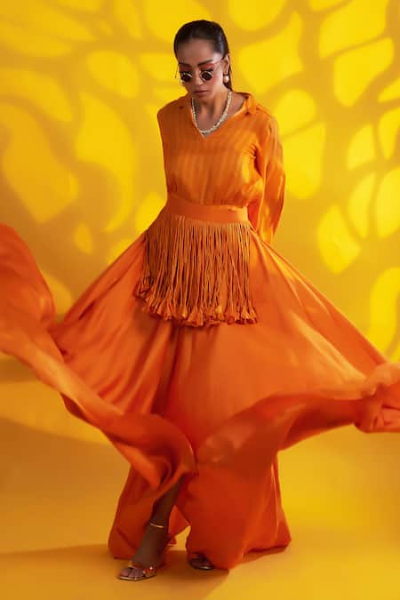 Jyoti Sachdev Iyer Orange Cotton, Silk Fringe, Tassels Collared Geometric Print Top With Trouser at Aza Fashions Jyoti Sachdev Iyer_Orange Cotton, Silk Fringe, Tassels Collared Geometric Print Top With Trouser _at_Aza_Fashions
