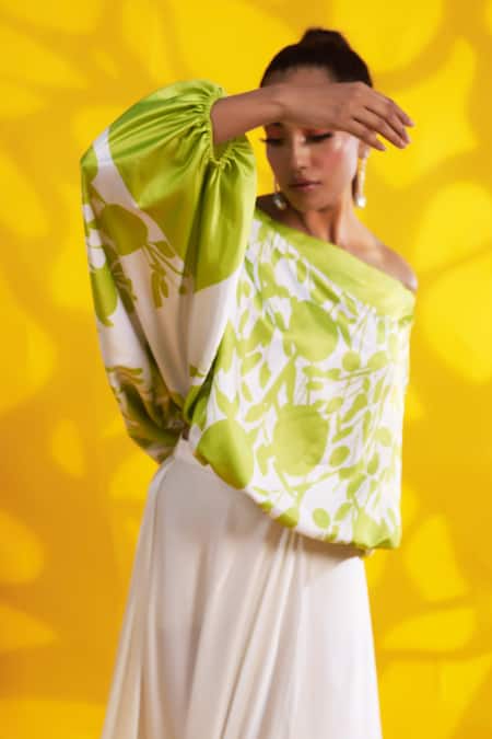 Buy_Jyoti Sachdev Iyer_Green Satin Off-shoulder And White Printed Top _Online_at_Aza_Fashions