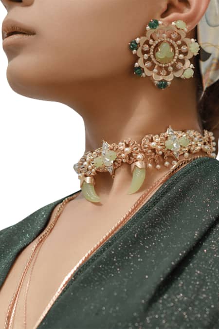 Outhouse Gold Plated Crystals, Pearls Stud Earrings