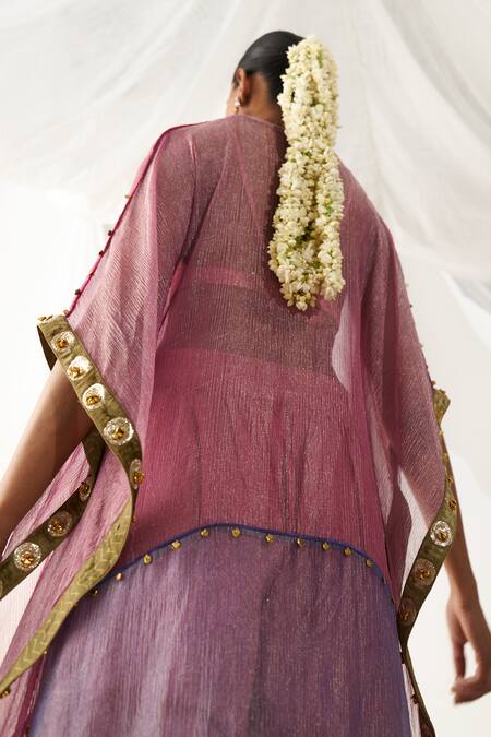 Itrh_Pink Tissue Gota Patti, Sequins Plunge Neck Work Kaftan And Skirt Set _Online_at_Aza_Fashions