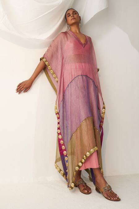 Buy_Itrh_Pink Tissue Gota Patti, Sequins Plunge Neck Work Kaftan And Skirt Set _Online_at_Aza_Fashions