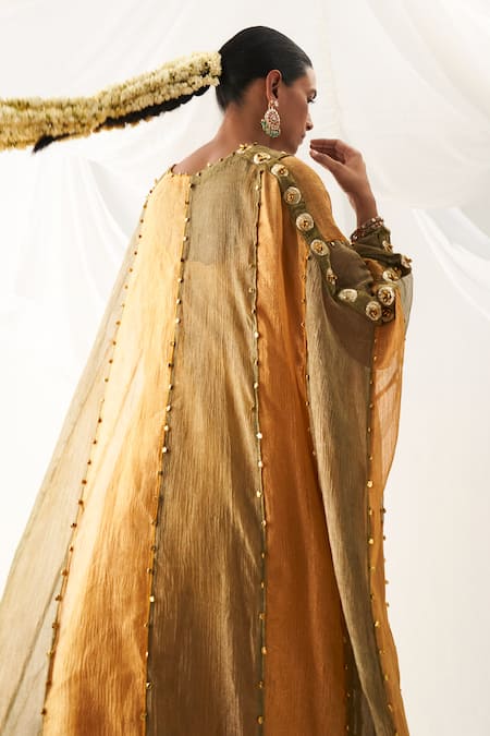 Shop_Itrh_Yellow Tissue Gota Patti V-neck Ghunghroo Embellished Colorblock Kaftan _Online_at_Aza_Fashions