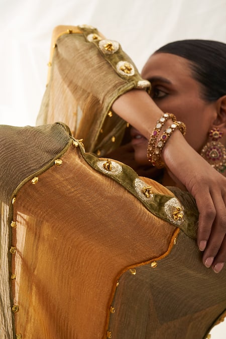 Itrh_Yellow Tissue Gota Patti V-neck Ghunghroo Embellished Colorblock Kaftan _at_Aza_Fashions