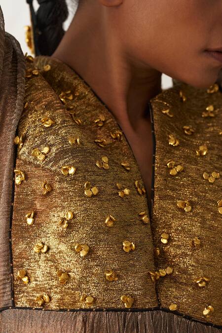 Shop_Itrh_Black Tissue V-neck Ghunghroo Embellished Maxi Dress And Pant _Online_at_Aza_Fashions