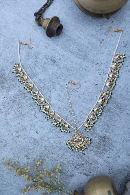 Shop Paisley Pop Gold Plated Kundan And Pearl Mathapatti at Aza Fashions Shop_Paisley Pop_Gold Plated Kundan And Pearl Mathapatti_at_Aza_Fashions