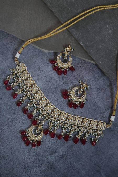 Shop Paisley Pop Gold Plated Kundan, Pearls And Natural Stones Necklace Set at Aza Fashions Shop_Paisley Pop_Gold Plated Kundan, Pearls And Natural Stones Necklace Set_at_Aza_Fashions