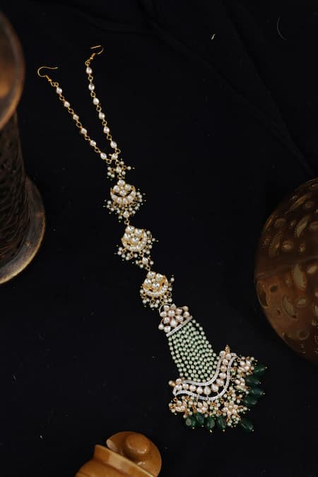 Shop Paisley Pop Green Beads, Pearls Kundan Braidpin at Aza Fashions Shop_Paisley Pop_Green Beads, Pearls Kundan Braidpin _at_Aza_Fashions