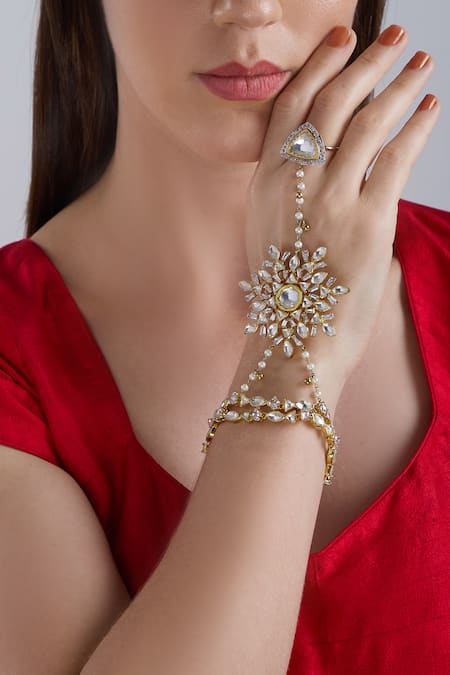 Nepra By Neha Goel Gold Plated Kundan Floral Haathphool 