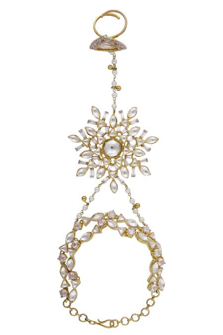 Shop_Nepra By Neha Goel_Gold Plated Kundan Floral Haathphool_at_Aza_Fashions