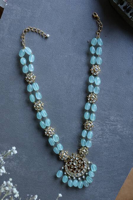 Shop Paisley Pop Green Natural Stones And Kundan Floral Necklace at Aza Fashions Shop_Paisley Pop_Green Natural Stones And Kundan Floral Necklace_at_Aza_Fashions