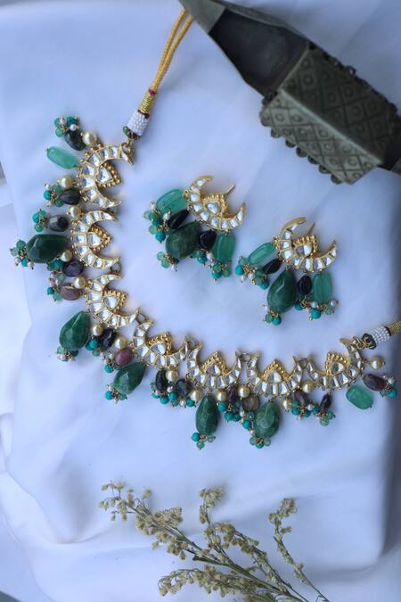Shop Paisley Pop Green Natural Stones, Pearl And Kundan Necklace Set at Aza Fashions Shop_Paisley Pop_Green Natural Stones, Pearl And Kundan Necklace Set_at_Aza_Fashions