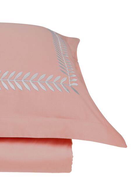 Shop Veda Homes Peach 100% Cotton Spring Cord Embroidered Bed Sheet Set at Aza Fashions Shop_Veda Homes_Peach 100% Cotton Spring Cord Embroidered Bed Sheet Set_at_Aza_Fashions
