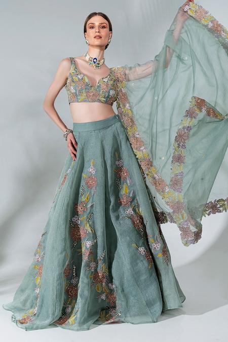 Neha Khullar Green Organza, Crepe Cut Work, Sequins, Embroidery Floral Applique Lehenga Set 