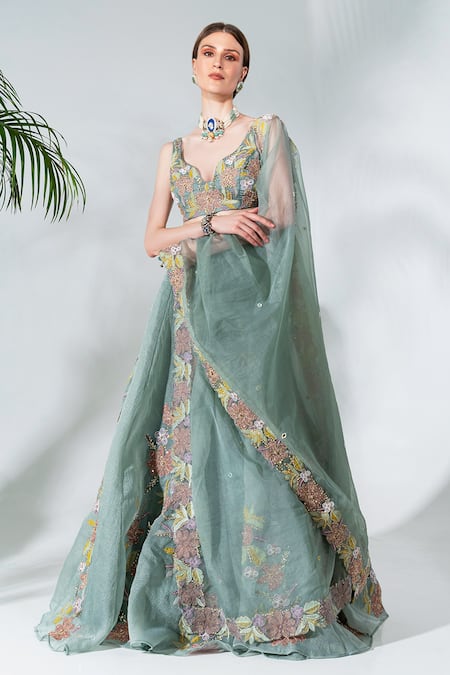 Buy Neha Khullar Green Organza, Crepe Cut Work, Sequins, Embroidery Floral Applique Lehenga Set Online at Aza Fashions Buy_Neha Khullar_Green Organza, Crepe Cut Work, Sequins, Embroidery Floral Applique Lehenga Set _Online_at_Aza_Fashions