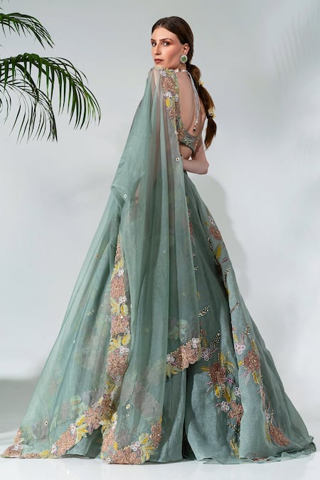 Shop Neha Khullar Green Organza, Crepe Cut Work, Sequins, Embroidery Floral Applique Lehenga Set Online at Aza Fashions Shop_Neha Khullar_Green Organza, Crepe Cut Work, Sequins, Embroidery Floral Applique Lehenga Set _Online_at_Aza_Fashions