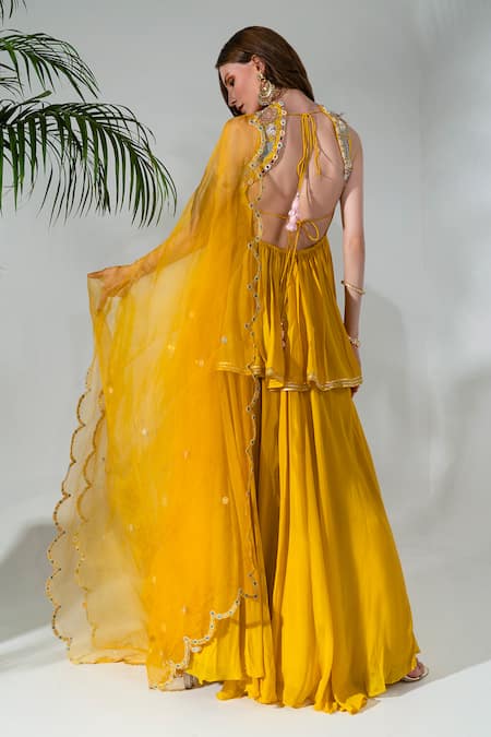 Neha Khullar_Yellow Georgette, Organza, Crepe Mirrors, Thread Peplum Kurta Sharara Set _Online_at_Aza_Fashions