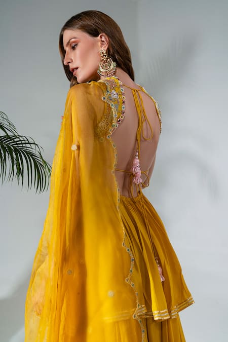 Neha Khullar_Yellow Georgette, Organza, Crepe Mirrors, Thread Peplum Kurta Sharara Set _at_Aza_Fashions