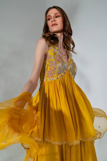 Shop_Neha Khullar_Yellow Georgette, Organza, Crepe Mirrors, Thread Peplum Kurta Sharara Set _Online_at_Aza_Fashions