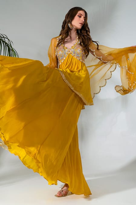 Buy_Neha Khullar_Yellow Georgette, Organza, Crepe Mirrors, Thread Peplum Kurta Sharara Set _Online_at_Aza_Fashions