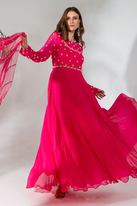 Neha Khullar_Fuchsia Georgette, Organza, Crepe Mirrorwork Embellished Anarkali With Dupatta _Online_at_Aza_Fashions